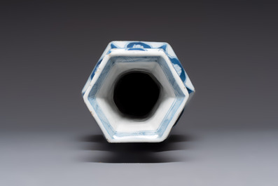 A Chinese blue and white hexagonal vase with figures and antiquities, Kangxi