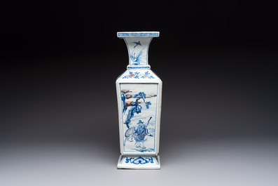 A Chinese blue, white and copper-red square-sectioned vase with figural design, Kangxi