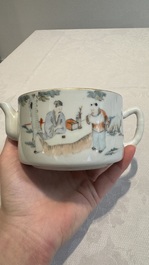 A Chinese blue and white 'dragon' brush pot and a qianjiang cai teapot, signed Wang Zhaoli 汪照藜, 19/20th C.