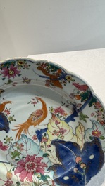 Three Chinese famille rose 'tobacco leaf' plates, Qianlong