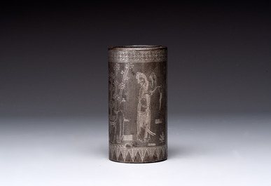 A Chinese bronze tripod censer with cover and stand, a small tripod censer and a silver-inlaid iron brush pot, 19/20th C.