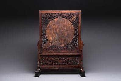 A Chinese wooden table screen with an embroidered silk with turtle design, 19th C.