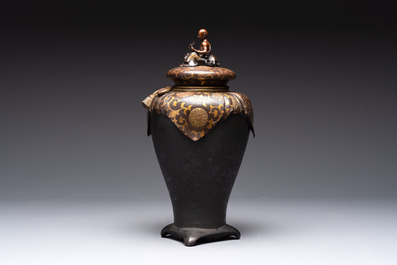 A fine Japanese gilt bronze vase and cover with the tiger taming Arhat, signed Akasofu Gyoko 曉光, Meiji, 19th C.