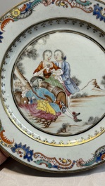 A fine pair of Chinese gilt-decorated famille rose 'Autumn' plates with troubadours, Qianlong
