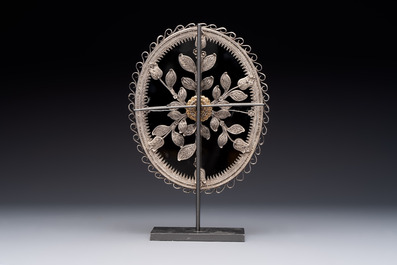 An Ottoman partly-gilt filigree silver mirror with floral design, Istanbul, Turkey, 18/19th C.