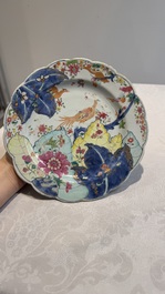 Three Chinese famille rose 'tobacco leaf' plates, Qianlong