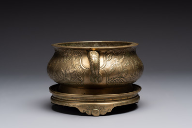 A large Chinese bronze 'Eight Immortals' censer and stand, Xuande mark, 19th C.
