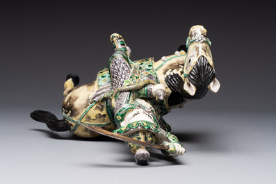 A fine Chinese verte biscuit sculpture of a Heavenly King on horseback, 19th C.