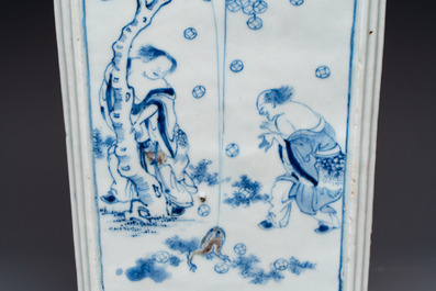 A Chinese blue, white and copper-red square-sectioned vase with figural design, Kangxi