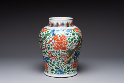A Chinese wucai 'phoenixes and peonies scroll' vase, Transitional period