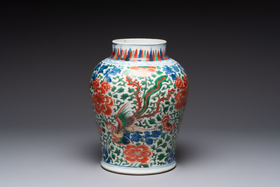 A Chinese wucai 'phoenixes and peonies scroll' vase, Transitional period