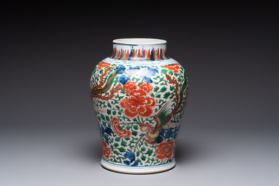 A Chinese wucai 'phoenixes and peonies scroll' vase, Transitional period