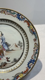 A fine pair of Chinese gilt-decorated famille rose 'Autumn' plates with troubadours, Qianlong