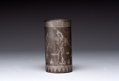 A Chinese bronze tripod censer with cover and stand, a small tripod censer and a silver-inlaid iron brush pot, 19/20th C.