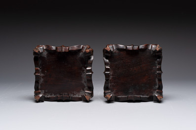 A pair of Chinese verte biscuit covered square jars on wooden stand, 19th C.