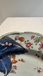 Three Chinese famille rose 'tobacco leaf' plates, Qianlong