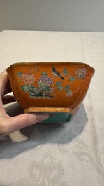 A Chinese coral-red-ground famille rose square bowl and a sgraffito-ruby-ground bowl, Qianlong and Tongzhi mark, 19/20th C.