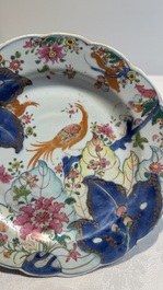 Three Chinese famille rose 'tobacco leaf' plates, Qianlong