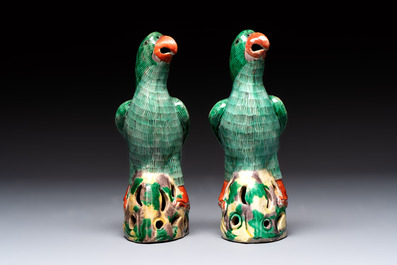 A pair of Chinese sancai-glazed parrots, 19th C.