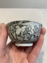 A fine Chinese grisaille and gilt '18 Luohan' cup and saucer, Yongzheng