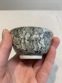 A fine Chinese grisaille and gilt '18 Luohan' cup and saucer, Yongzheng