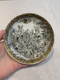 A fine Chinese grisaille and gilt '18 Luohan' cup and saucer, Yongzheng