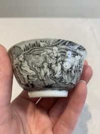 A fine Chinese grisaille and gilt '18 Luohan' cup and saucer, Yongzheng