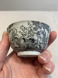 A fine Chinese grisaille and gilt '18 Luohan' cup and saucer, Yongzheng