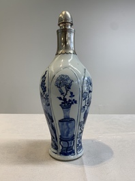 A Chinese blue and white silver-mounted bottle vase, Chenghua mark, Kangxi