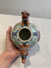 A rare Chinese famille rose double-walled 'Buddhist lions' teapot and cover, Qianlong