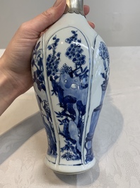 A Chinese blue and white silver-mounted bottle vase, Chenghua mark, Kangxi