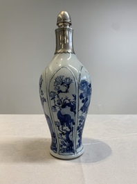 A Chinese blue and white silver-mounted bottle vase, Chenghua mark, Kangxi