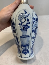 A Chinese blue and white silver-mounted bottle vase, Chenghua mark, Kangxi