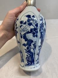A Chinese blue and white silver-mounted bottle vase, Chenghua mark, Kangxi