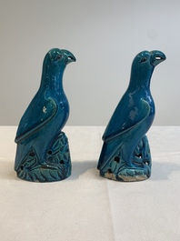 A pair of Chinese turquoise-glazed parrots, 19th C.