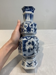 A Chinese blue and white hexagonal vase with figures and antiquities, Kangxi