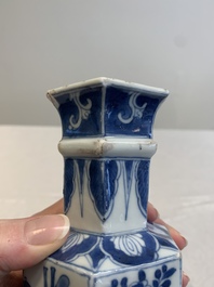 A Chinese blue and white hexagonal vase with figures and antiquities, Kangxi
