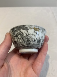 A fine Chinese grisaille and gilt '18 Luohan' cup and saucer, Yongzheng