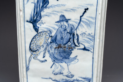 A Chinese blue, white and copper-red square-sectioned vase with figural design, Kangxi