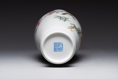 A Chinese famille rose eggshell 'birds among flowering branches' vase, Jingdezhen seal mark, 20th C.