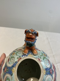 A rare Chinese famille rose double-walled 'Buddhist lions' teapot and cover, Qianlong
