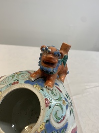 A rare Chinese famille rose double-walled 'Buddhist lions' teapot and cover, Qianlong