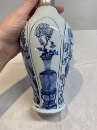 A Chinese blue and white silver-mounted bottle vase, Chenghua mark, Kangxi