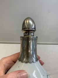 A Chinese blue and white silver-mounted bottle vase, Chenghua mark, Kangxi
