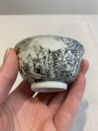 A fine Chinese grisaille and gilt '18 Luohan' cup and saucer, Yongzheng