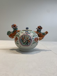 A rare Chinese famille rose double-walled 'Buddhist lions' teapot and cover, Qianlong