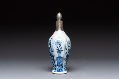 A Chinese blue and white silver-mounted bottle vase, Chenghua mark, Kangxi