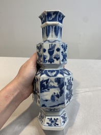 A Chinese blue and white hexagonal vase with figures and antiquities, Kangxi