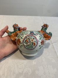 A rare Chinese famille rose double-walled 'Buddhist lions' teapot and cover, Qianlong