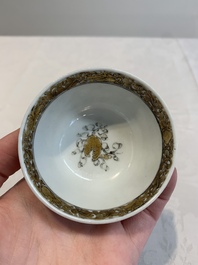 A fine Chinese grisaille and gilt '18 Luohan' cup and saucer, Yongzheng